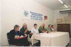 Encontro estadual do BB e da caixa –  a partir da esquerda: marlos guedes, BB e sind.; varella cavalcanti, FETEC-NE e Cx; Luís Otávio, ger. Nac. RH Cx; Miguel Anacleto, BB e sind.; Paulo DHAL, unid. Rel c/ funcional. BB; Miguel Correia, pres. do sindicato - Recife/PE 05/07/03 Alexandre Albuquerque