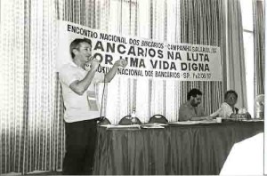 Campanha Salarial /97 E/D: Marlos Guedes (presidente do Sindicato em exercício), Sérgio Rosa (presidente da CNB)